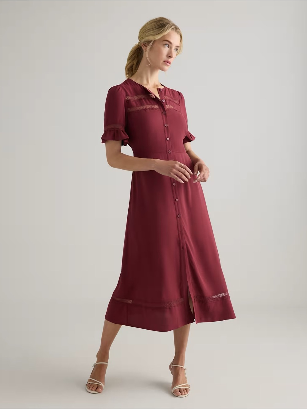 Quince Burgundy Midi Button-Front Dress